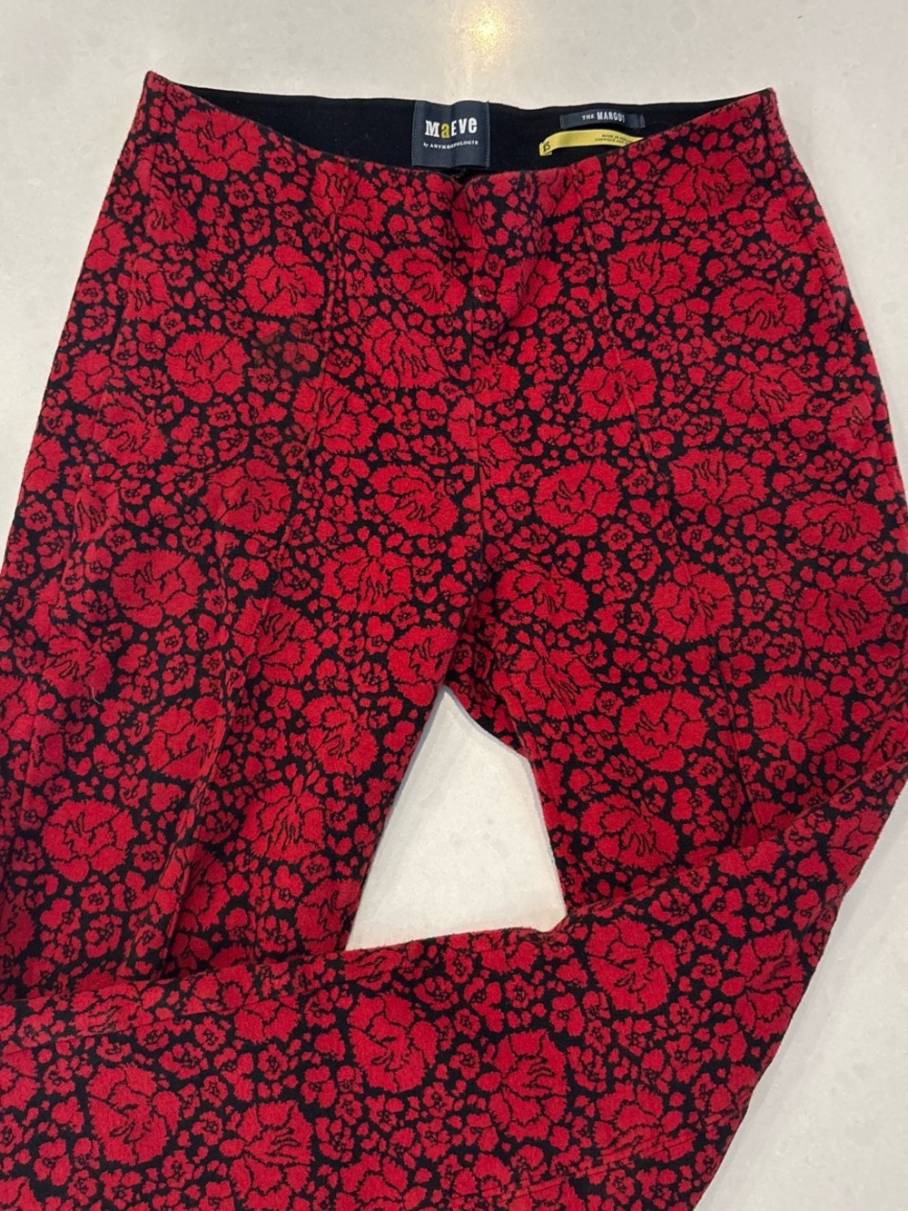 Anthropologie Maeve Red and Black Floral Jacquard Pants